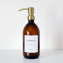 Load image into Gallery viewer, Amber Dispenser Bottle With White Personalised Label And Light Brushed Gold Metal Pump
