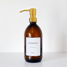 Load image into Gallery viewer, Amber Dispenser Bottle With White Personalised Label And Gold Metal Pump
