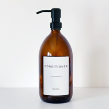 Load image into Gallery viewer, Amber Dispenser Bottle With White Personalised Label And Black Metal Pump
