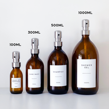Load image into Gallery viewer, Amber Glass Or Plastic Dispenser Bottle With Personalised Label &amp; Silver Metal Pump
