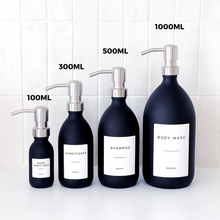 Load image into Gallery viewer, Matt Black Glass Dispenser Bottle With Personalised Label &amp; Silver Metal Pump
