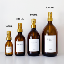 Load image into Gallery viewer, Amber Glass Or Plastic Dispenser Bottle With Personalised Label &amp; Gold Metal Pump
