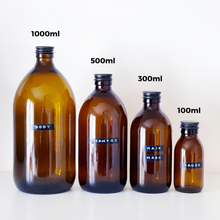 Load image into Gallery viewer, Amber Glass Or Plastic Bottle With Stamped Label &amp; Black Metal Screw Lid
