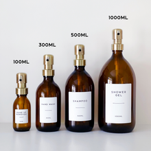 Load image into Gallery viewer, Amber Glass Or Plastic Dispenser Bottle With Personalised Label &amp; Light Brushed Gold Metal Pump
