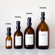 Load image into Gallery viewer, Amber Glass Or Plastic Dispenser Bottle With Personalised Label &amp; Black Metal Pump
