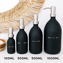Load image into Gallery viewer, Matt Black Glass Dispenser Bottle With Stamped Personalised Label &amp; Silver Metal Pump
