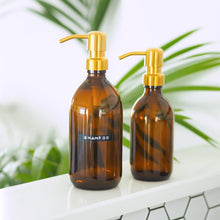 Load image into Gallery viewer, Amber Dispenser Bottle With Stamped Personalised Label And Gold Metal Pump
