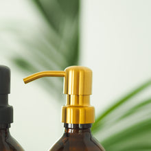 Load image into Gallery viewer, Amber Dispenser Bottle With Stamped Personalised Label And Gold Metal Pump
