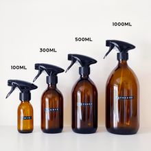 Load image into Gallery viewer, Amber Glass Or Plastic Trigger Spray Bottle With Stamped Personalised Label
