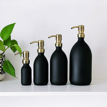 Load image into Gallery viewer, Matt Black Glass Dispenser Bottle With Light Brushed Gold Metal Pump
