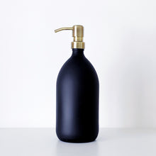 Load image into Gallery viewer, Matt Black Glass Dispenser Bottle With Light Brushed Gold Metal Pump
