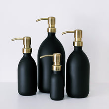Load image into Gallery viewer, Matt Black Glass Dispenser Bottle With Light Brushed Gold Metal Pump
