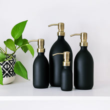 Load image into Gallery viewer, Matt Black Glass Dispenser Bottle With Light Brushed Gold Metal Pump
