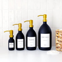 Load image into Gallery viewer, Matt Black Glass Dispenser Bottle With Personalised Label &amp; Gold Metal Pump
