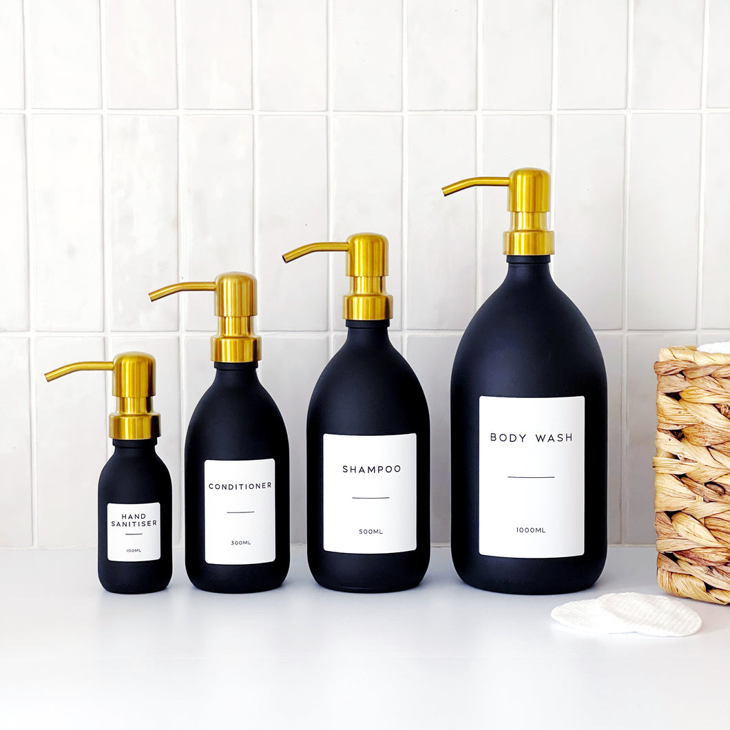 Matt Black Glass Dispenser Bottle With Personalised Label & Gold Metal Pump