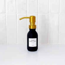 Load image into Gallery viewer, Matt Black Glass Dispenser Bottle With Personalised Label &amp; Gold Metal Pump

