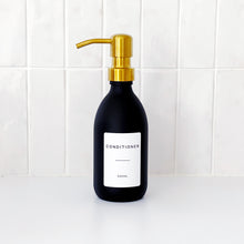 Load image into Gallery viewer, Matt Black Glass Dispenser Bottle With Personalised Label &amp; Gold Metal Pump
