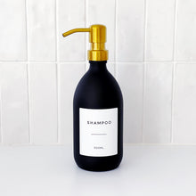 Load image into Gallery viewer, Matt Black Glass Dispenser Bottle With Personalised Label &amp; Gold Metal Pump

