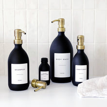 Load image into Gallery viewer, Matt Black Glass Dispenser Bottle With Personalised Label &amp; Light Brushed Gold Metal Pump
