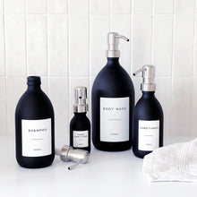 Load image into Gallery viewer, Matt Black Glass Dispenser Bottle With Personalised Label &amp; Silver Metal Pump
