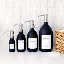 Load image into Gallery viewer, Matt Black Glass Dispenser Bottle With Personalised Label &amp; Silver Metal Pump
