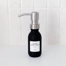 Load image into Gallery viewer, Matt Black Glass Dispenser Bottle With Personalised Label &amp; Silver Metal Pump
