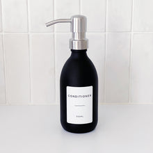Load image into Gallery viewer, Matt Black Glass Dispenser Bottle With Personalised Label &amp; Silver Metal Pump
