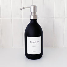 Load image into Gallery viewer, Matt Black Glass Dispenser Bottle With Personalised Label &amp; Silver Metal Pump
