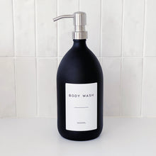 Load image into Gallery viewer, Matt Black Glass Dispenser Bottle With Personalised Label &amp; Silver Metal Pump
