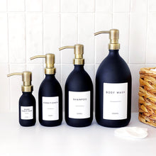 Load image into Gallery viewer, Matt Black Glass Dispenser Bottle With Personalised Label &amp; Light Brushed Gold Metal Pump
