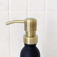 Load image into Gallery viewer, Matt Black Glass Dispenser Bottle With Personalised Label &amp; Light Brushed Gold Metal Pump
