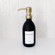 Load image into Gallery viewer, Matt Black Glass Dispenser Bottle With Personalised Label &amp; Light Brushed Gold Metal Pump
