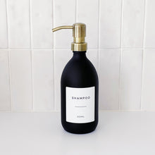 Load image into Gallery viewer, Matt Black Glass Dispenser Bottle With Personalised Label &amp; Light Brushed Gold Metal Pump
