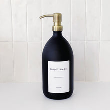 Load image into Gallery viewer, Matt Black Glass Dispenser Bottle With Personalised Label &amp; Light Brushed Gold Metal Pump
