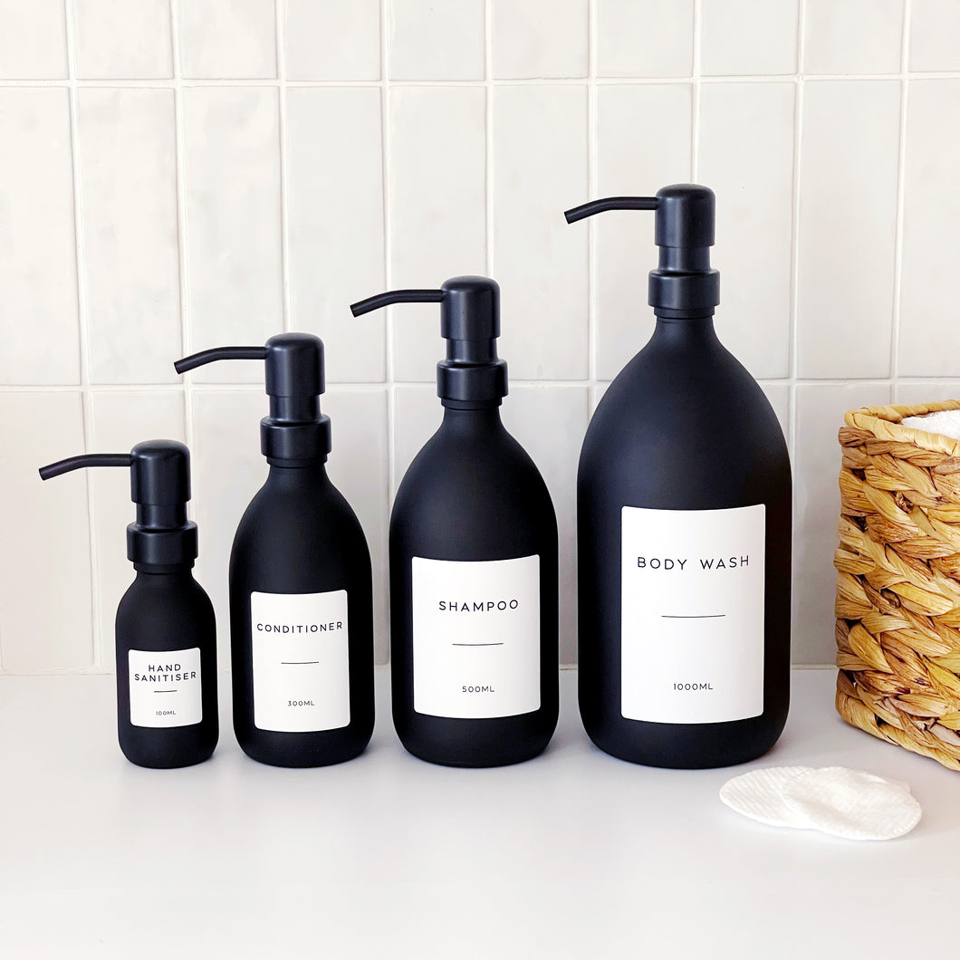 Matt Black Glass Dispenser Bottle With Personalised Label & Black Metal Pump