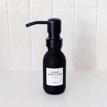 Load image into Gallery viewer, Matt Black Glass Dispenser Bottle With Personalised Label &amp; Black Metal Pump
