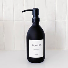 Load image into Gallery viewer, Matt Black Glass Dispenser Bottle With Personalised Label &amp; Black Metal Pump
