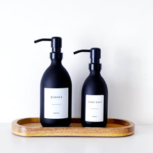 Load image into Gallery viewer, Matt Black Glass Dispenser Bottle With Personalised Label &amp; Black Metal Pump
