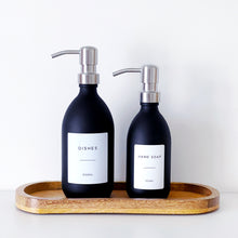 Load image into Gallery viewer, Matt Black Glass Dispenser Bottle With Personalised Label &amp; Silver Metal Pump
