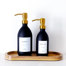 Load image into Gallery viewer, Matt Black Glass Dispenser Bottle With Personalised Label &amp; Gold Metal Pump
