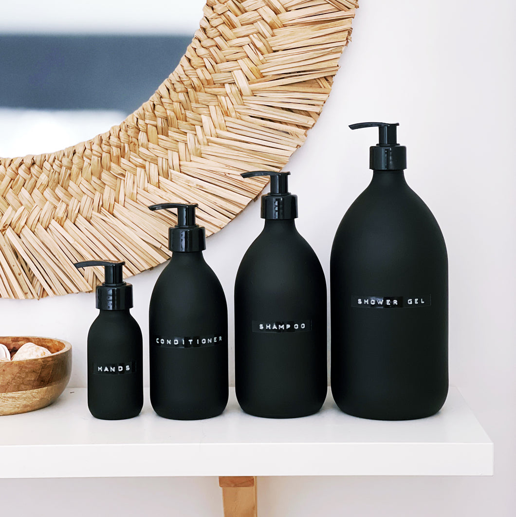 Matt Black Glass Dispenser Bottle With Stamped Personalised Label & Black Plastic Pump