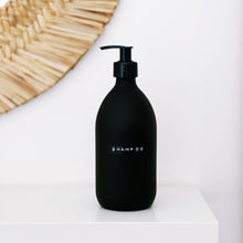 Load image into Gallery viewer, Matt Black Glass Dispenser Bottle With Stamped Personalised Label &amp; Black Plastic Pump
