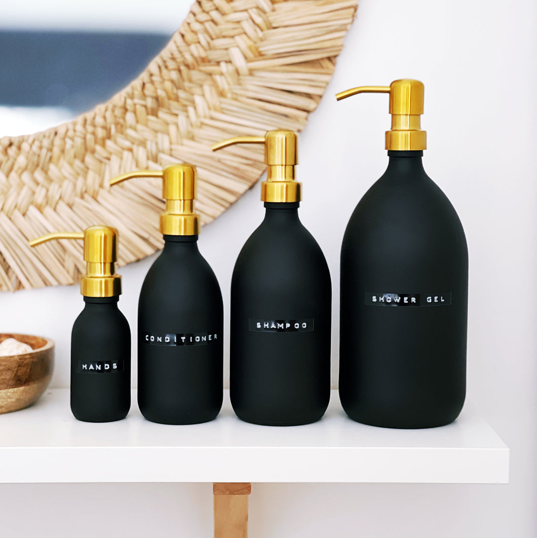 Matt Black Glass Dispenser Bottle With Stamped Personalised Label & Gold Metal Pump