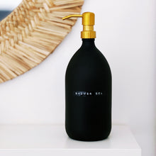 Load image into Gallery viewer, Matt Black Glass Dispenser Bottle With Stamped Personalised Label &amp; Gold Metal Pump
