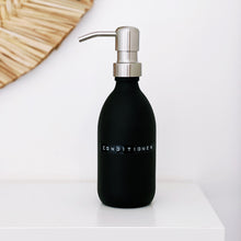 Load image into Gallery viewer, Matt Black Glass Dispenser Bottle With Stamped Personalised Label &amp; Silver Metal Pump
