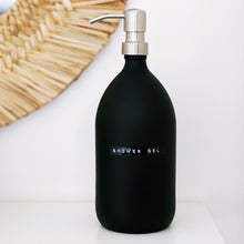 Load image into Gallery viewer, Matt Black Glass Dispenser Bottle With Stamped Personalised Label &amp; Silver Metal Pump
