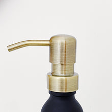 Load image into Gallery viewer, Matt Black Glass Dispenser Bottle With Stamped Personalised Label &amp; Light Brushed Gold Metal Pump
