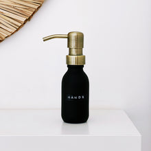 Load image into Gallery viewer, Matt Black Glass Dispenser Bottle With Stamped Personalised Label &amp; Light Brushed Gold Metal Pump
