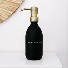 Load image into Gallery viewer, Matt Black Glass Dispenser Bottle With Stamped Personalised Label &amp; Light Brushed Gold Metal Pump
