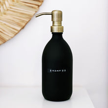 Load image into Gallery viewer, Matt Black Glass Dispenser Bottle With Stamped Personalised Label &amp; Light Brushed Gold Metal Pump
